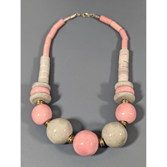 Pink Gray Ceramic Bead Statement Necklace Chunky Tribal Boho 17" - Picture 3 of 10